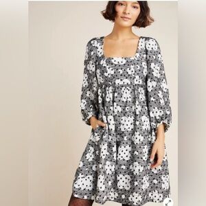 Anthropologie Jane Textured Babydoll Black and White Floral Dress